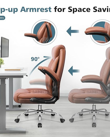 Office Chair, Ergonomic High Back Home Office Desk Chair, Big and Tall Breathable Leather Office Chair with Lumbar Support Flip-Up Armrests, Computer Chair with Rocking Function - LeafyLoom