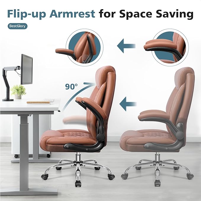 Office Chair, Ergonomic High Back Home Office Desk Chair, Big and Tall Breathable Leather Office Chair with Lumbar Support Flip-Up Armrests, Computer Chair with Rocking Function - LeafyLoom