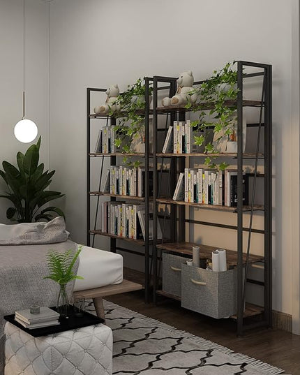 4NM No-Assembly Folding Bookshelf Storage Shelves 5 Tiers Vintage Bookcase Standing Racks Study Organizer Home Office (Rustic Brown and Black) - LeafyLoom