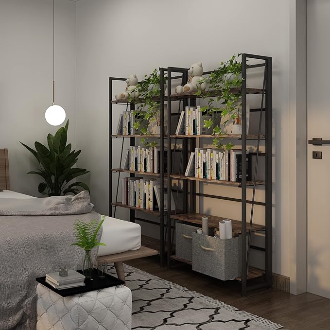 4NM No-Assembly Folding Bookshelf Storage Shelves 5 Tiers Vintage Bookcase Standing Racks Study Organizer Home Office (Rustic Brown and Black) - LeafyLoom