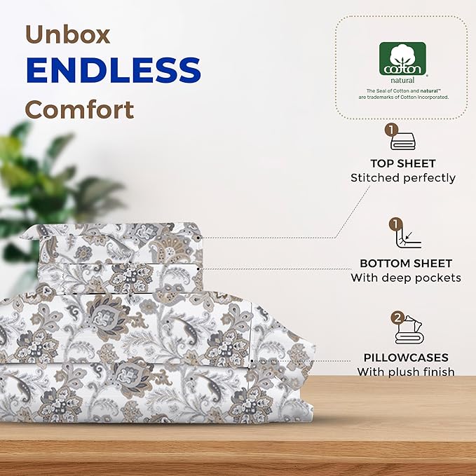 THREAD SPREAD 100% Egyptian Cotton Printed Bed Sheets - 600 Thread Count 4 PC Full Sheet Set, Hotel Luxury Sateen Bedsheets, 16" Deep Pocket Soft Cooling Sheets for Full Size Bed - Floral Ivory - LeafyLoom