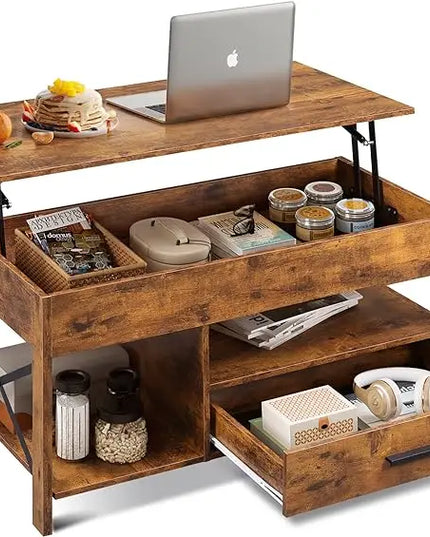 WLIVE Coffee Table, 39" Lift Top Coffee Table with Hidden Compartment and Sorage Drawers for Living Room, Rustic Brown - LeafyLoom
