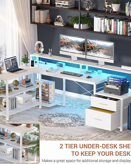 Aheaplus L Shaped Desk with File Drawer, 66" Reversible L Shaped Computer Desk with Power Outlet & LED Strip, Gaming Desk with Long Monitor Stand, Office Desk Corner Desk with Storage Shelf, White - LeafyLoom