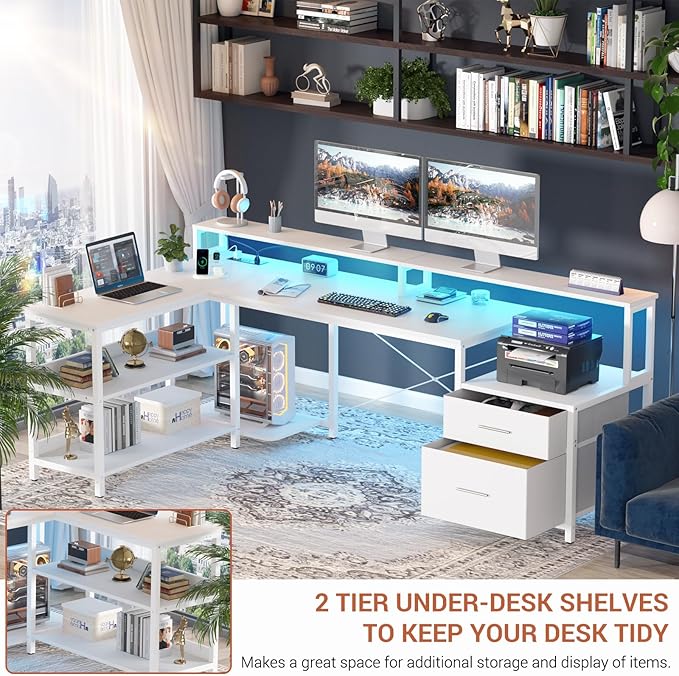 Aheaplus L Shaped Desk with File Drawer, 66" Reversible L Shaped Computer Desk with Power Outlet & LED Strip, Gaming Desk with Long Monitor Stand, Office Desk Corner Desk with Storage Shelf, White - LeafyLoom