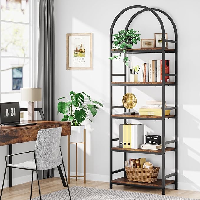 Tribesigns 5-Tier Open Bookshelf, 74.4" Wood Bookcase Storage Shelves with Metal Frame, Freestanding Display Rack Tall Shelving Unit for Office, Bedroom, Living Room, Easy Assembly(Brown, 1PC) - LeafyLoom