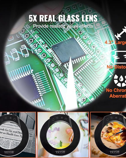 VEVOR 5X Magnifying Glass with Light and Stand, 【Upgraded】 5 Color Modes Stepless Dimmable, 4.3" Glass Lens Magnifier Desk lamp, 2-in-1 Magnifying Light and Stand for Crafts, Reading, Close Work - LeafyLoom