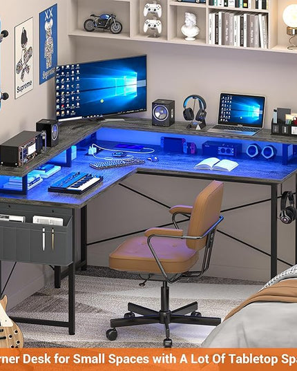 armocity L Shaped Computer Desk with Power Outlets, Gaming Desk L Shaped with LED Lights, Corner Desk with Storage Shelves, Work Study Desk for Bedroom, Home Office Small Spaces, 47'', Grey Oak - LeafyLoom