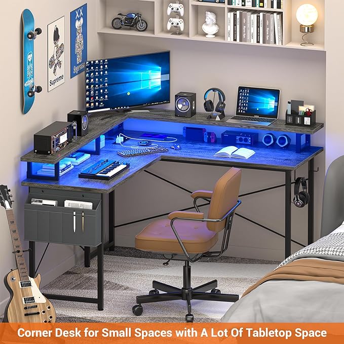 armocity L Shaped Computer Desk with Power Outlets, Gaming Desk L Shaped with LED Lights, Corner Desk with Storage Shelves, Work Study Desk for Bedroom, Home Office Small Spaces, 47'', Grey Oak - LeafyLoom