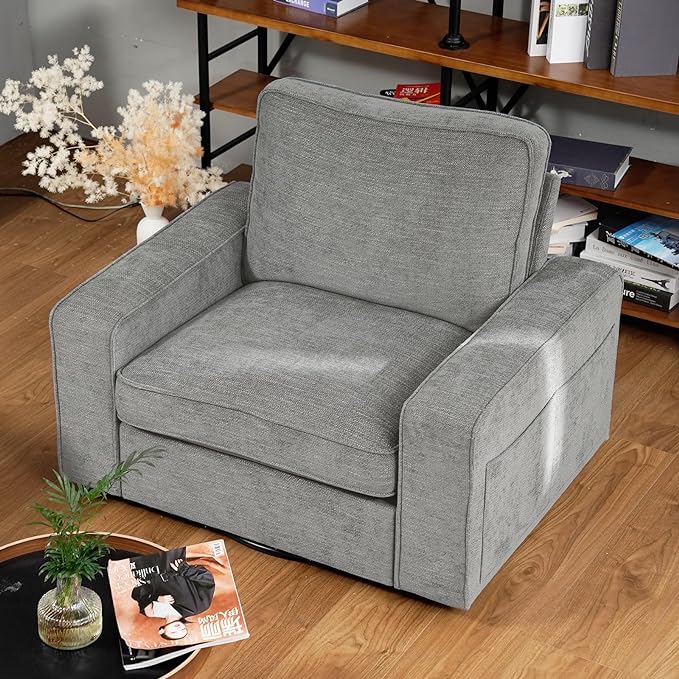 EASELAND Oversized Accent Chair, Reading Chair with Upholstered Chenille Fabric, Sofa Chair with Armrest, Single Sofa Chair for Living Room, Swivel Chair with Wooden Legs, Comfy Chair for Small Spaces - LeafyLoom