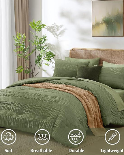 CASAAGUSTO Twin XL comforter Set, 5 Pieces Olive Green Seersucker Bed in a Bag Twin XL Soft All Seasons, Twin XL Bedding Sets with Comforter, Flat Sheet, Fitted Sheet, 1 Pillow Sham, 1 Pillowcase - LeafyLoom
