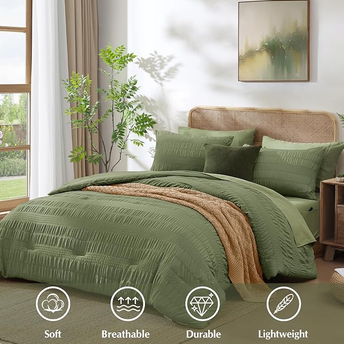 CASAAGUSTO Queen Comforter Set, 7 Pieces Olive Green Seersucker Bed in a Bag Queen Size Soft All Seasons, Bedding Sets with Comforter, Flat Sheet, Fitted Sheet, 2 Pillow Shams, 2 Pillowcases - LeafyLoom