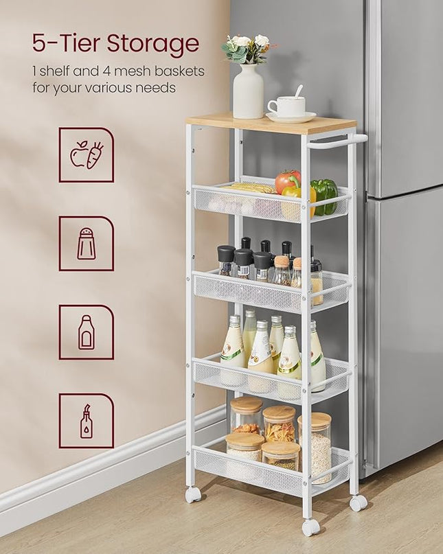 VASAGLE Slim Rolling Cart, 5-Tier Storage Cart, Narrow Cart with Handle, 8.7 Inches Deep, Metal Frame, for Kitchen, Dining Room, Living Room, Home Office, Oak Beige and White ULRC035W09 - LeafyLoom