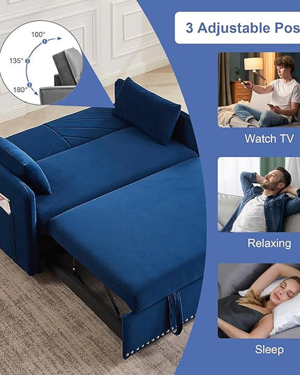 New Model 3-in-1 Sleeper USB Port Adjustable Velvet Convertible Sofa with Pull Out Bed, 2 Pillows & Side Pocket – Ideal for Living Room and Bedroom, Blue - LeafyLoom