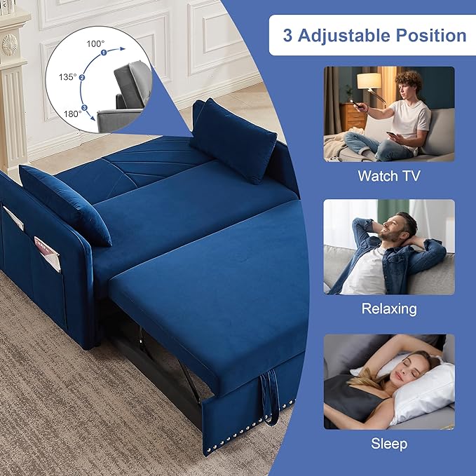New Model 3-in-1 Sleeper USB Port Adjustable Velvet Convertible Sofa with Pull Out Bed, 2 Pillows & Side Pocket – Ideal for Living Room and Bedroom, Blue - LeafyLoom