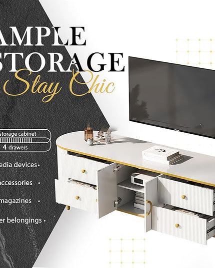 Merax Modern TV Stand for Televisions up to 80 Inches, Entertainment Center with 4 Drawers and 1 Cabinet, Wood Console Table with Metal Legs and Handles for Living Room, 70.9" Length, White - LeafyLoom