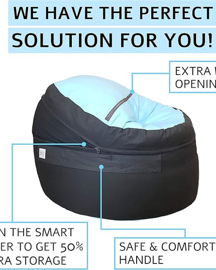 2 Sizes in 1 Stuffed Animal Storage Bean Bag Chair Cover for Kids & Adults | Washable XL Stuffie Seat | 100% Cotton | Pouf Organizer for Plush Toys, Linens, Quilts & Pillows | Blue Skies - LeafyLoom