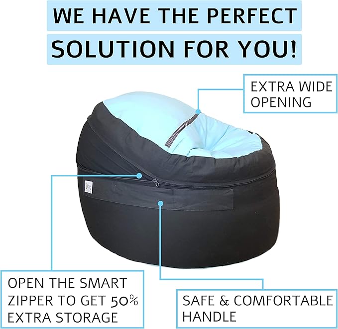 2 Sizes in 1 Stuffed Animal Storage Bean Bag Chair Cover for Kids & Adults | Washable XL Stuffie Seat | 100% Cotton | Pouf Organizer for Plush Toys, Linens, Quilts & Pillows | Blue Skies - LeafyLoom