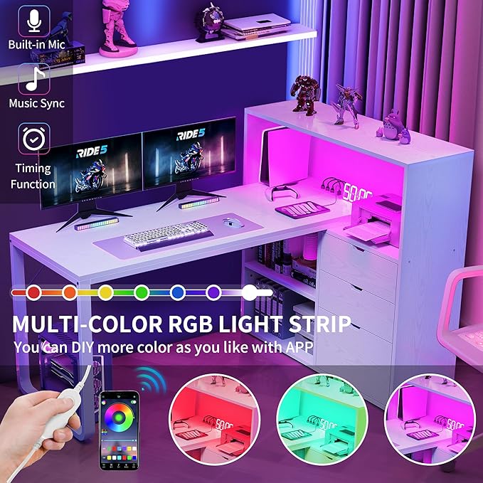 DWVO L Shaped Desk with Drawers, 55" Corner Computer Desk with Bookshelf & Power Outlets & LED Lights, Home Office Desk with Storage Shelves, White - LeafyLoom