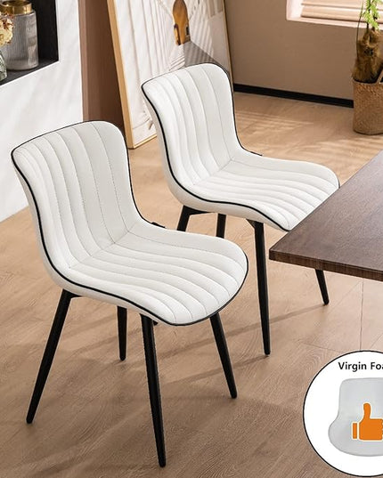 YOUNUOKE White Dining Chairs Set of 2 Upholstered Mid Century Modern Kitchen Chair Armless Faux Leather Accent Guest Chair with Back Metal Legs for Living Reception Waiting Room Bedrooms - LeafyLoom