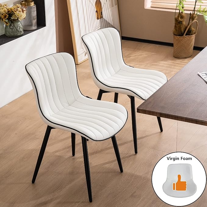 YOUNUOKE White Dining Chairs Set of 2 Upholstered Mid Century Modern Kitchen Chair Armless Faux Leather Accent Guest Chair with Back Metal Legs for Living Reception Waiting Room Bedrooms - LeafyLoom