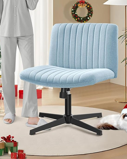 Armless Office Chair no Wheels, Ergonomic Wide Seat Swivel Desk Chair, Height Adjustable Cross Legged Comfortable Computer Chair for Living Room, Vanity Accent Chair LightBlue - LeafyLoom