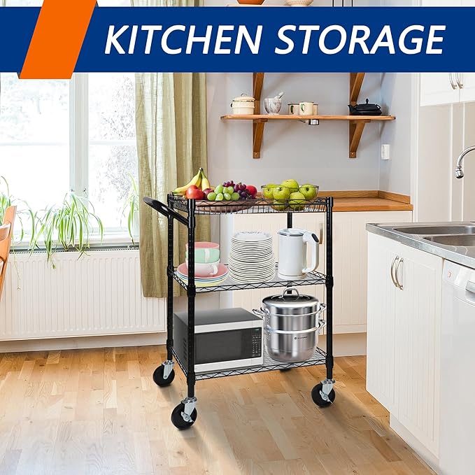 3 Tier Heavy Duty Rolling Utility Cart,18" D x 30" W x 36.6" H Rolling Carts with Wheels,Commercial Grade Metal Cart with Handle Bar & Shelf Liner,Trolley Serving Storage Cart for Kitchen Black - LeafyLoom