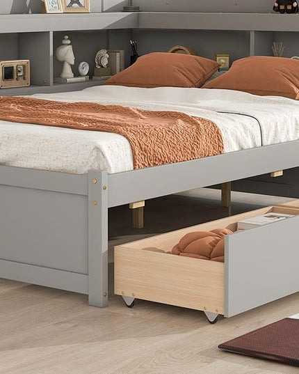 Full Size Platform Bed with L-Shaped Bookcase and 2 Storage Drawers, Wood Daybed frames with Headboard, Gray - LeafyLoom