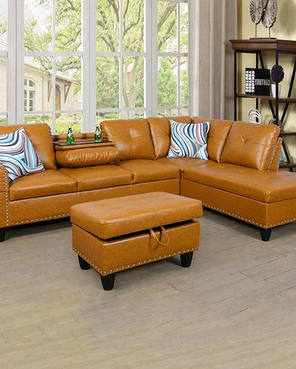 ROOMTEC L Shaped Sectional Sofa with Storage Ottoman, Right Facing Chaise Longue, Reversible Backrest w/ 2 Cup Holders, Semi PU Synthetic Leather Tufted Cushions, for Living Room, Ginger - LeafyLoom