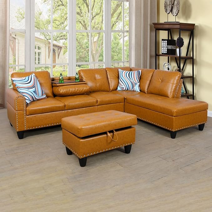 ROOMTEC L Shaped Sectional Sofa with Storage Ottoman, Right Facing Chaise Longue, Reversible Backrest w/ 2 Cup Holders, Semi PU Synthetic Leather Tufted Cushions, for Living Room, Ginger - LeafyLoom