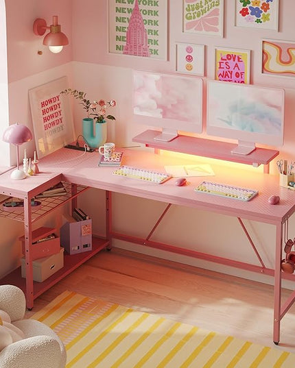 Bestier L Shaped Gaming Desk with Power Outlets,58 LED Small Corner Desk with Reversible Storage Shelves,Pink Computer Desk with Headset Hooks Desk for Living Room and Dormitory - LeafyLoom