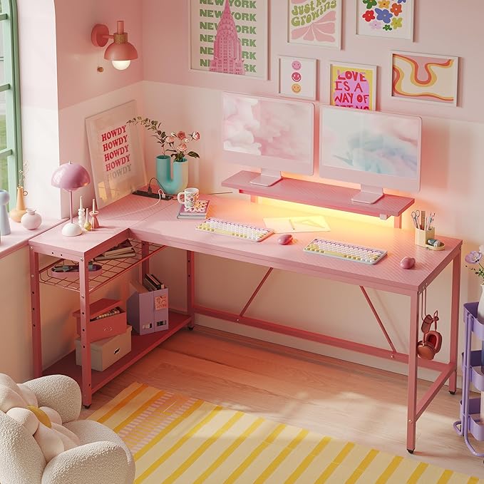 Bestier L Shaped Gaming Desk with Power Outlets,58 LED Small Corner Desk with Reversible Storage Shelves,Pink Computer Desk with Headset Hooks Desk for Living Room and Dormitory - LeafyLoom