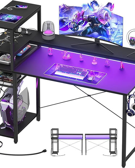 Gaming Desk with Storage, 47'' LED Light Desk, Home Office Computer Desk, Reversible Shelves & Power Outlets, Black - LeafyLoom
