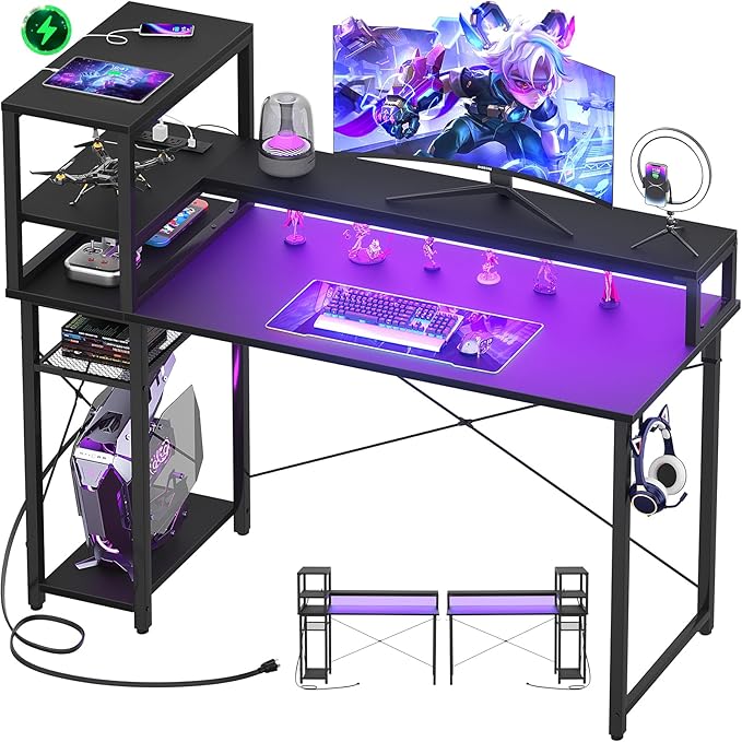 Gaming Desk with Storage, 47'' LED Light Desk, Home Office Computer Desk, Reversible Shelves & Power Outlets, Black - LeafyLoom
