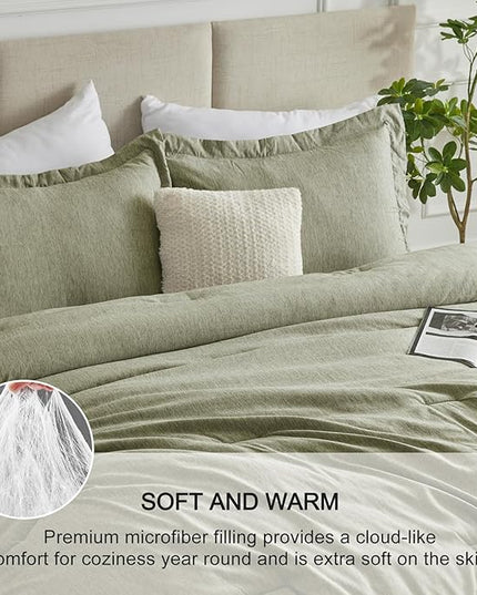 CozyLux Queen Size Comforter Set - 3 Pieces Olive Green Soft Luxury Cationic Dyeing Bedding Comforter for All Season, Breathable Lightweight Fluffy Boho Bed Sets with 1 Comforter and 2 Pillow Shams - LeafyLoom