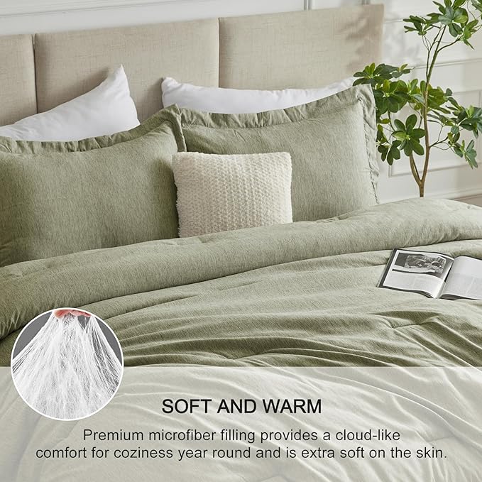 CozyLux King Size Comforter Set - 3 Pieces Olive Green Soft Luxury Cationic Dyeing Bedding Comforter for All Season, Breathable Lightweight Fluffy Boho Bed Sets with 1 Comforter and 2 Pillow Shams - LeafyLoom