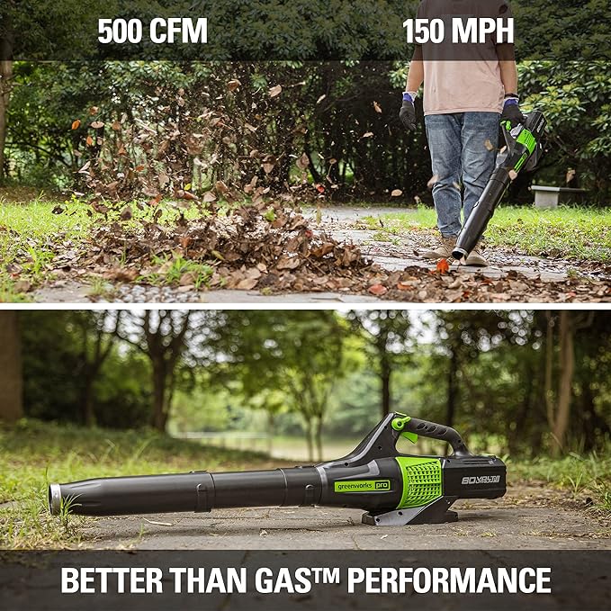 Greenworks 80V (150 MPH / 500 CFM / 75+ Compatible Tools) Cordless Axial Leaf Blower, 2.0Ah Battery and Charger Included - LeafyLoom