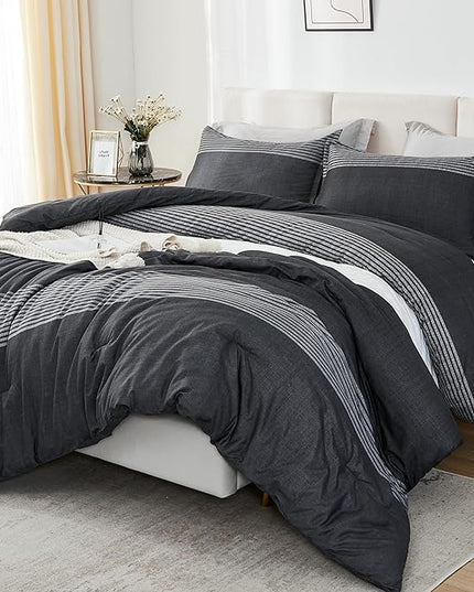 Litanika California King Comforter Set Black White Grey - 3 Pieces Cal King Oversized Lightweight Colorblock Stripe Bedding Set (104x96In, 2 Pillowcases) - LeafyLoom
