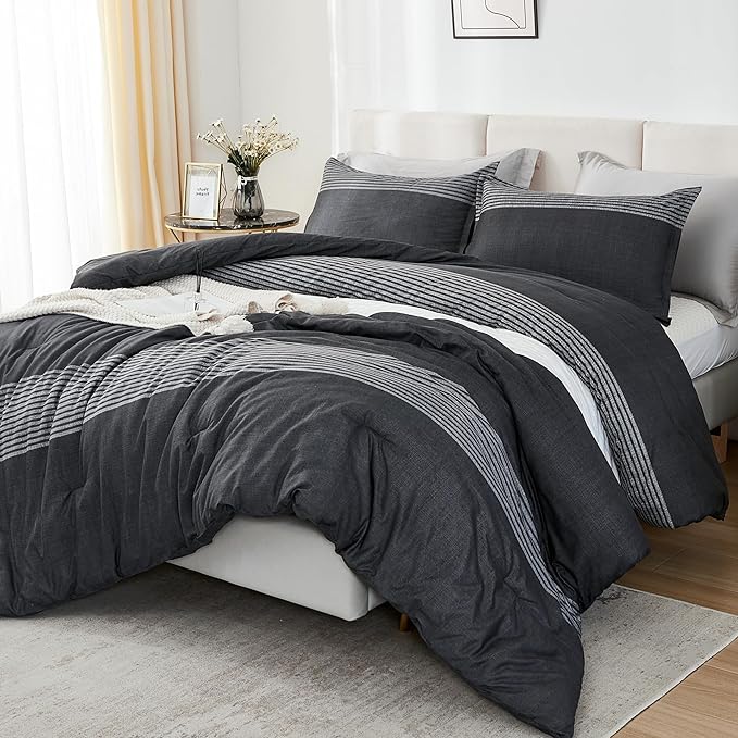 Litanika California King Comforter Set Black White Grey - 3 Pieces Cal King Oversized Lightweight Colorblock Stripe Bedding Set (104x96In, 2 Pillowcases) - LeafyLoom