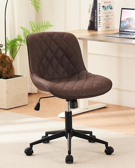 YOUNUOKE Office Chair Desk Chair with Wheels, Thick Upholstery Armless Computer Chair Task Chairs, Small Cute Home Office Desk Chair, Faux Leather Swivel Side Chair, Loads Up to 300LBS, Brown - LeafyLoom