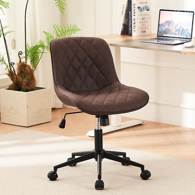 YOUNUOKE Office Chair Desk Chair with Wheels, Thick Upholstery Armless Computer Chair Task Chairs, Small Cute Home Office Desk Chair, Faux Leather Swivel Side Chair, Loads Up to 300LBS, Brown - LeafyLoom