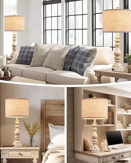 Farmhouse Bedside Table Lamps Set of 2, Bedroom Lamps for Nightstand with USB A+C Ports, 28” Rustic Vintage Living Room Lamps with Rotary Switch - Bulb Not Included - LeafyLoom