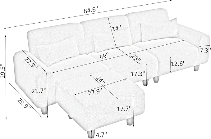 NicBex Sectional Couch Sofa with Lounge Chair Polyester Modern L Shaped Cloud Couch for Living Room Furniture Sets with Waist Pillows, Modular Sofa for Living Room, Bedroom, Apartment, 84.6" L, White - LeafyLoom