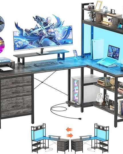 Aheaplus L Shaped Desk with Hutch, Gaming Desk with Led Lights, Reversible Computer Desk with Power Outlet, Corner Desk with File Drawer & Monitor Stand, Storage Shelves for Home Office, Black Oak - LeafyLoom
