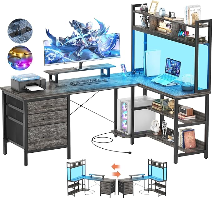 Aheaplus L Shaped Desk with Hutch, Gaming Desk with Led Lights, Reversible Computer Desk with Power Outlet, Corner Desk with File Drawer & Monitor Stand, Storage Shelves for Home Office, Black Oak - LeafyLoom