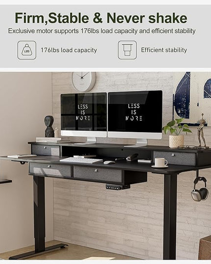 BANTI Height Adjustable Electric Standing Desk with 4 Drawers, 63 x 24 Inch Table with Storage Shelf, Sit Stand Desk, Black Top - LeafyLoom