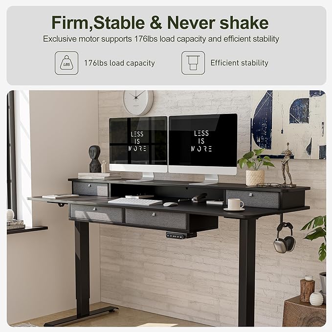 BANTI Height Adjustable Electric Standing Desk with 4 Drawers, 63 x 24 Inch Table with Storage Shelf, Sit Stand Desk, Black Top - LeafyLoom