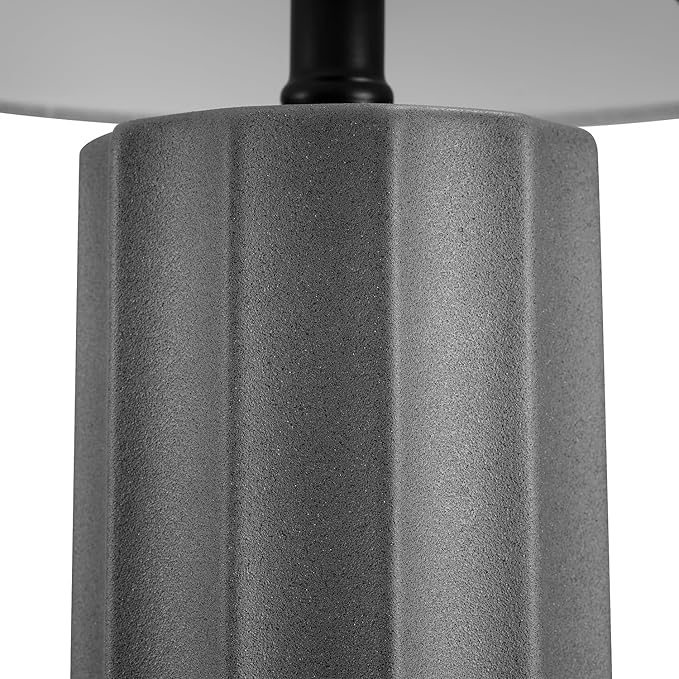 Globe Electric 61000061 20" Ribbed Ceramic Table Lamp, Dark Gray Concrete Finish, White Linen Shade, On/Off Rotary Switch on Socket, for Living Room, Bedroom, Office, Home Décor - LeafyLoom