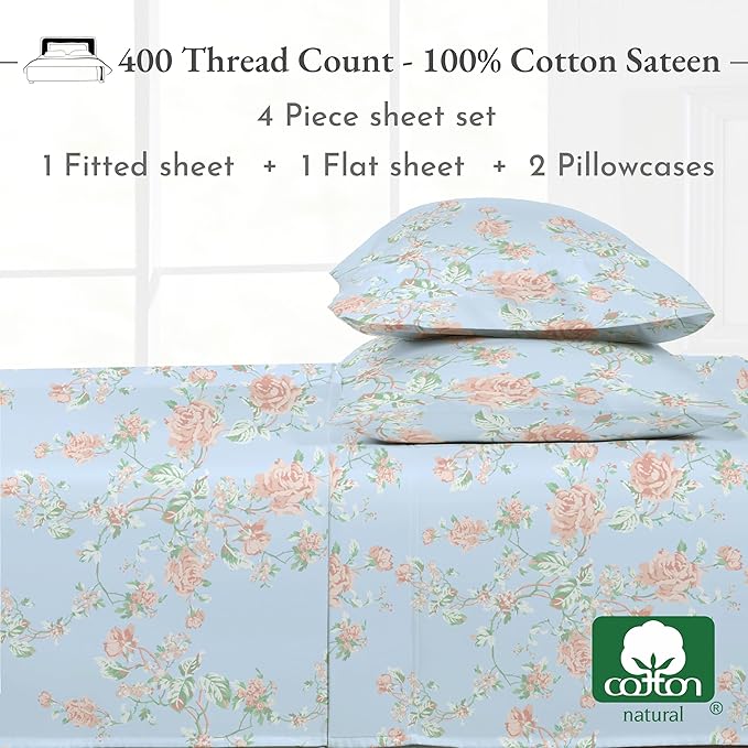 California Design Den Floral Sheets for Full Size Bed, 4 Piece 100% Cotton Sheets Set, Luxury 400 Thread Count Sateen, Deep Pocket Full Sheets (Antique Rose) - LeafyLoom