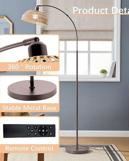 Curved Floor Lamp with Remote Control and Foot Switch Adjustable Hanging Drum Woven Lampshade, Reading Lamp Next to Sofa, Living Room and Bedroom (New Coffee Gold) - LeafyLoom