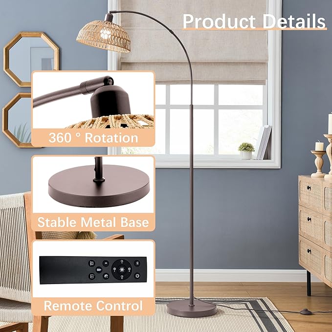 Curved Floor Lamp with Remote Control and Foot Switch Adjustable Hanging Drum Woven Lampshade, Reading Lamp Next to Sofa, Living Room and Bedroom (New Coffee Gold) - LeafyLoom